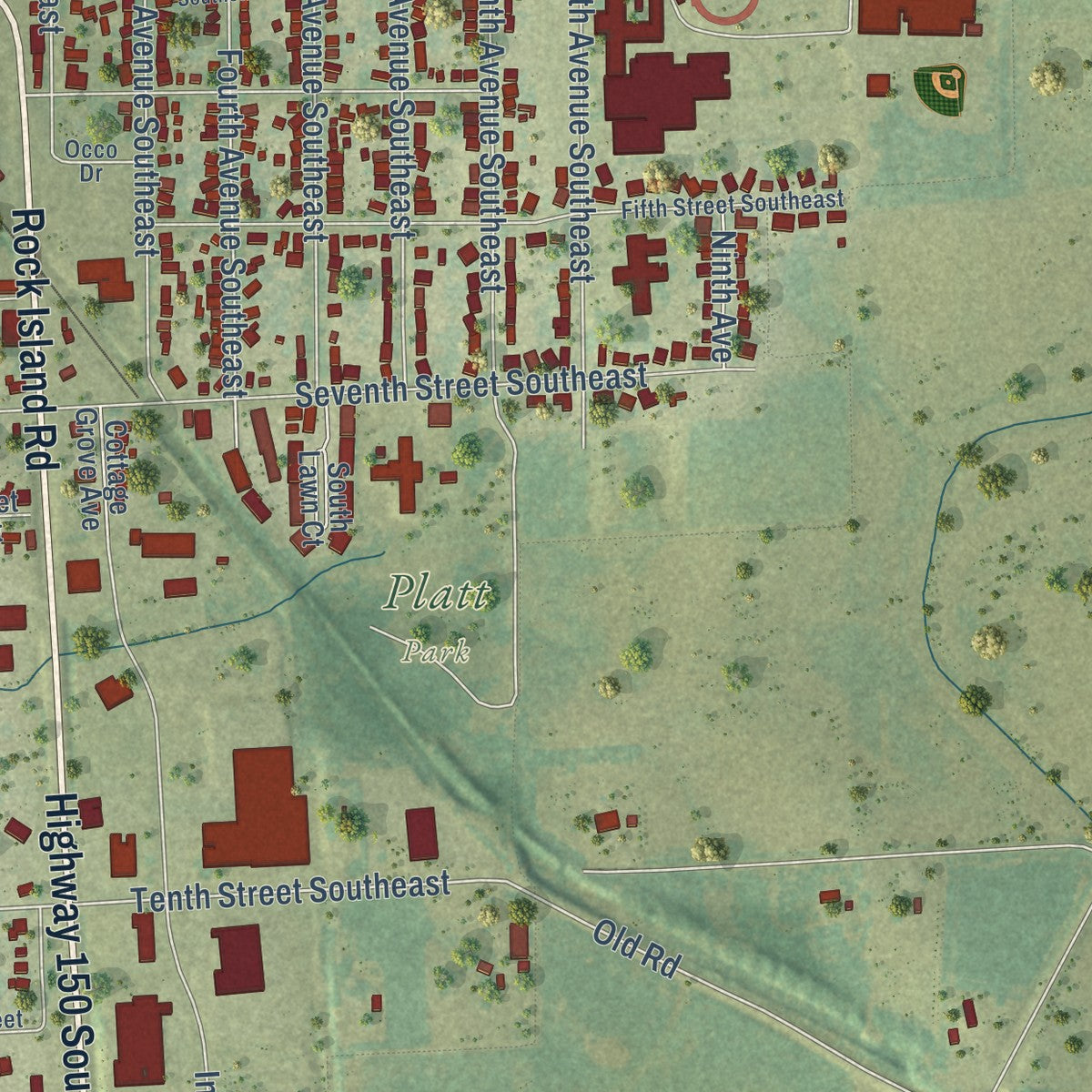 Second close-up of the map of Oelwein, Iowa print showing more streets and buildings