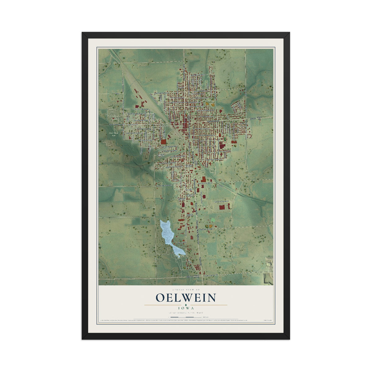 Map of Oelwein, Iowa, 12 x 18 inch print in a black wood frame