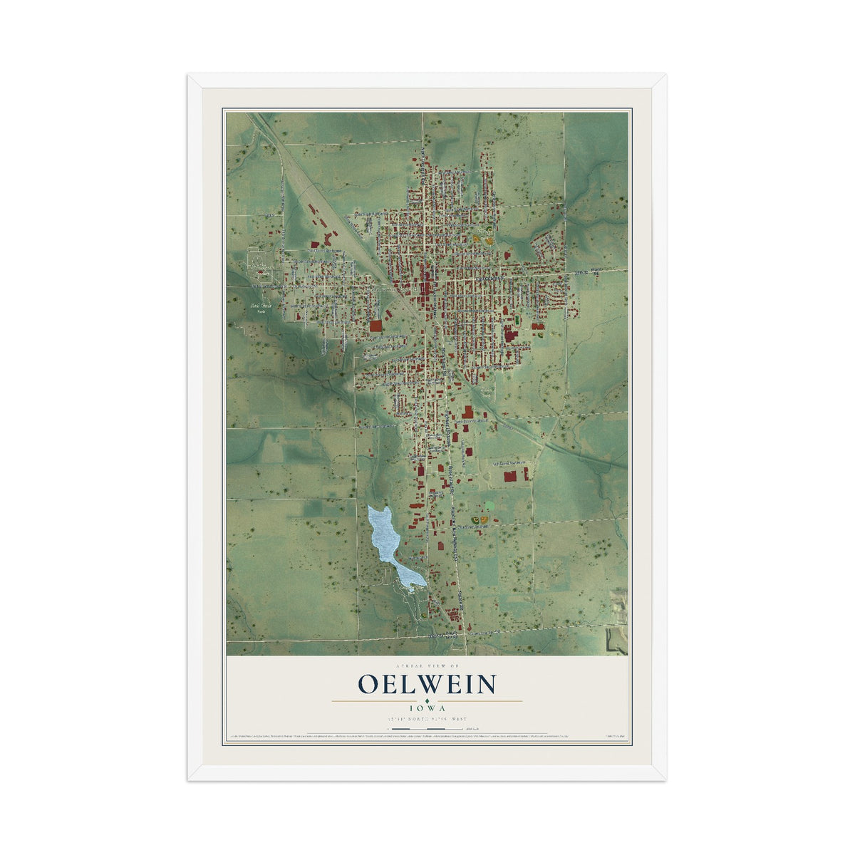Map of Oelwein, Iowa, 12 x 18 inch print in a white wood frame
