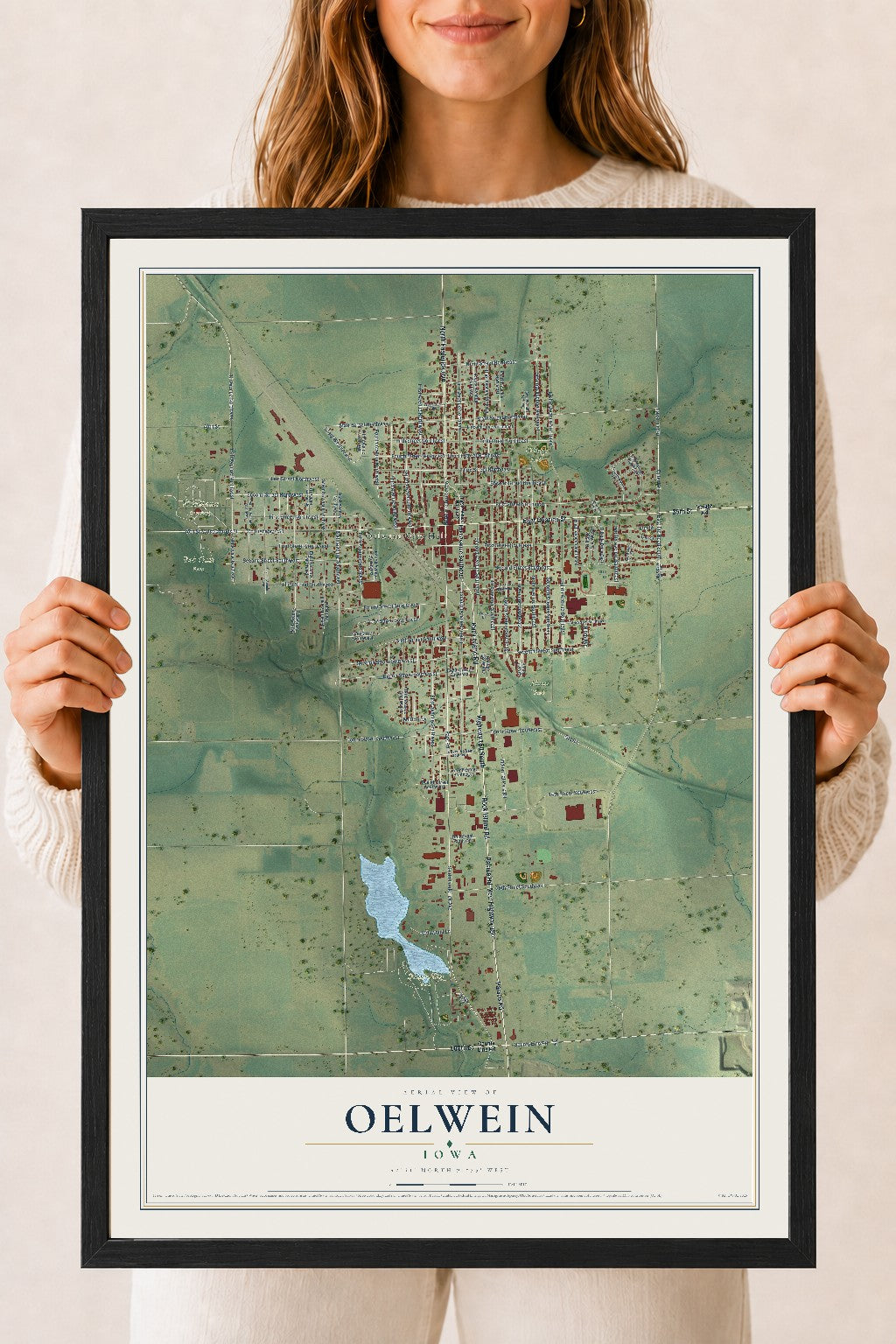 Map of Oelwein, Iowa, 18 x 24 inch print in a black wood frame