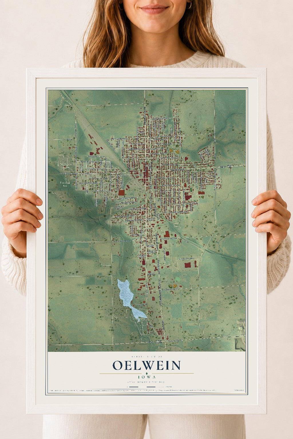 Map of Oelwein, Iowa, 18 x 24 inch print in a white wood frame