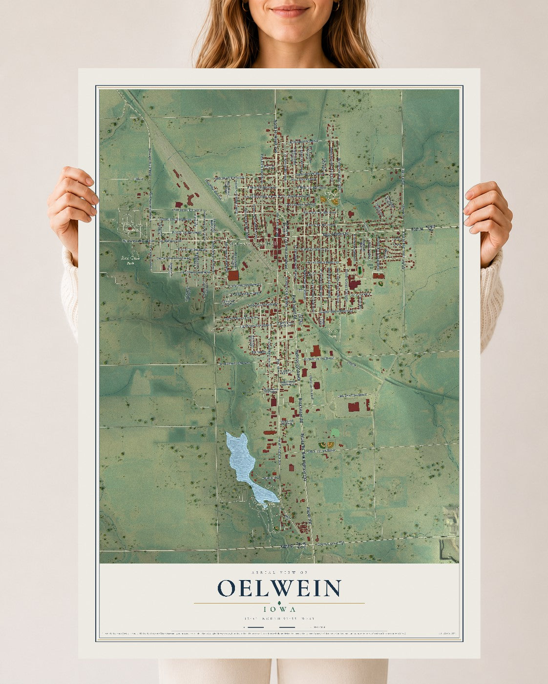 Map of Oelwein, Iowa, 24 x 36 inch unframed archival matte print