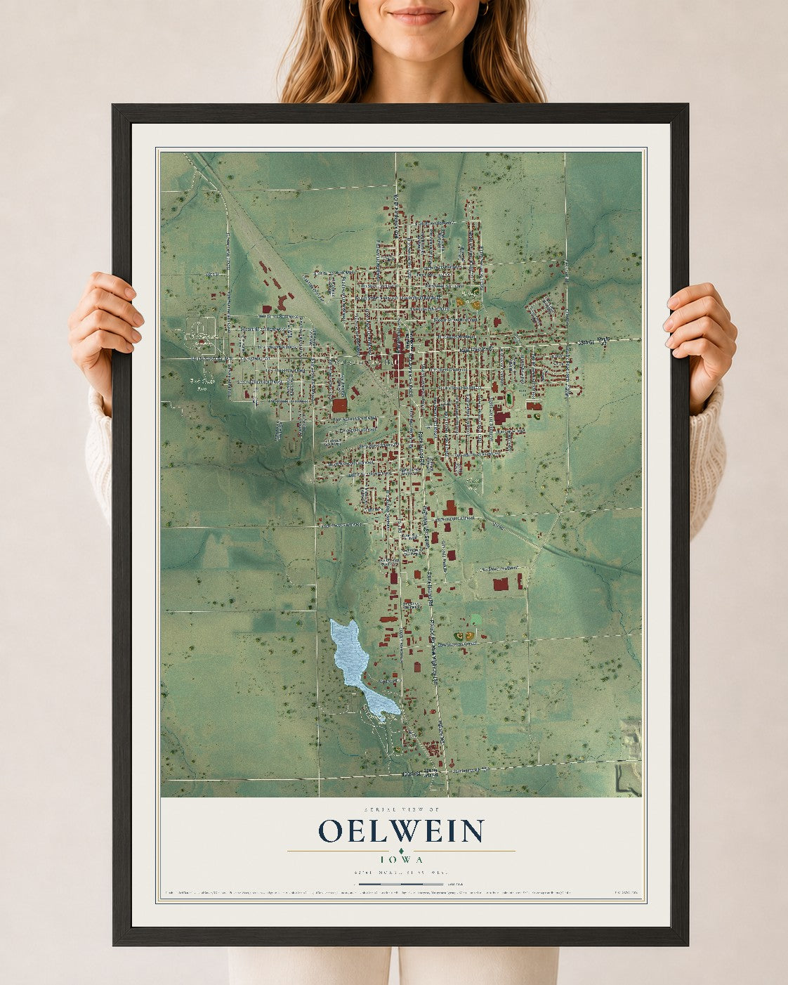 Map of Oelwein, Iowa, 24 x 36 inch print in a black wood frame