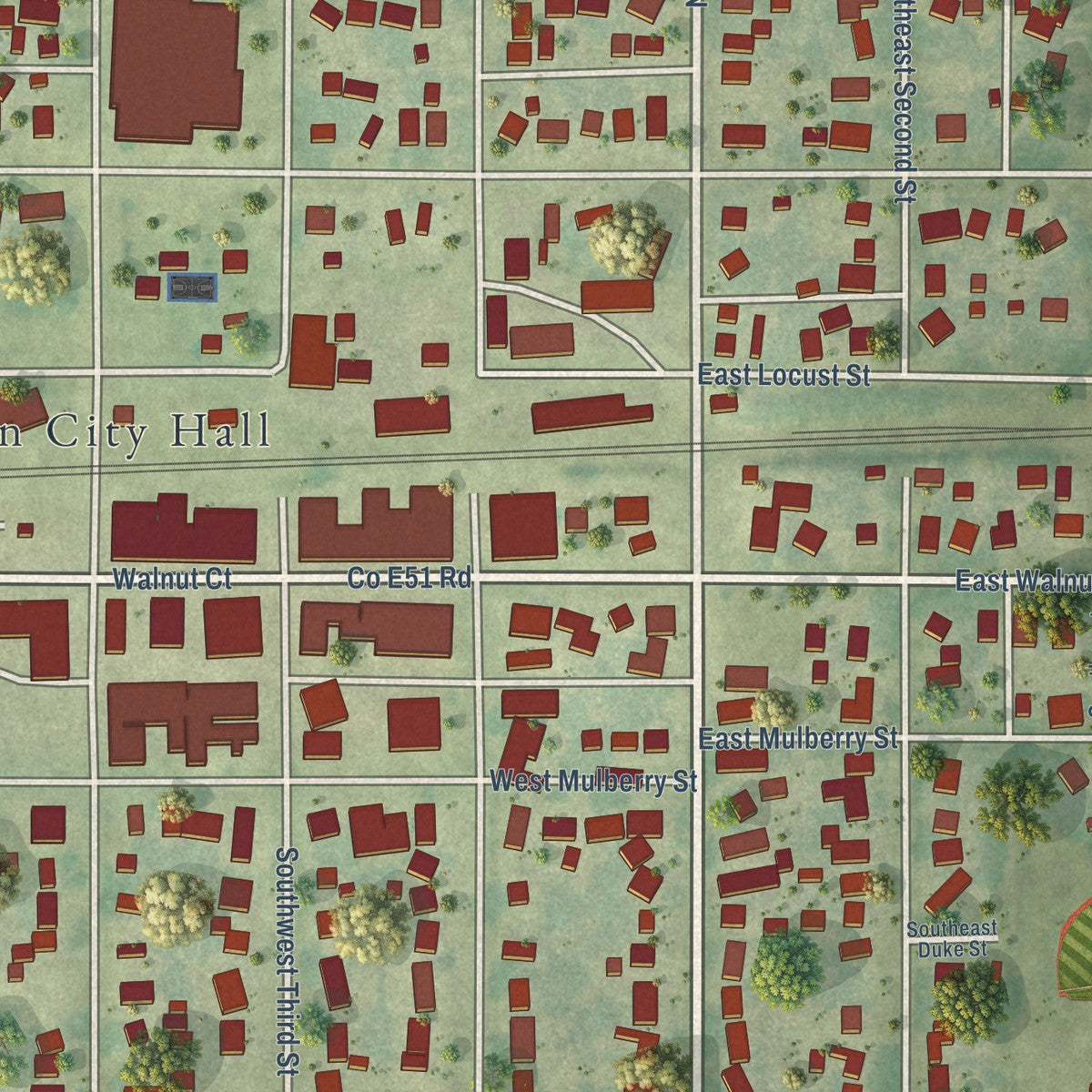 Close-up of the map of Ogden, Iowa print showing street and building detail