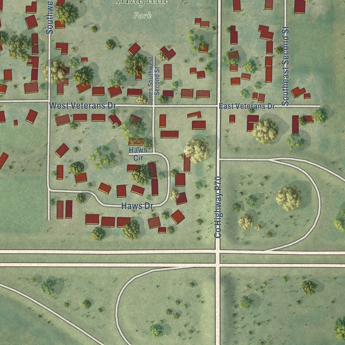 Second close-up of the map of Ogden, Iowa print showing more streets and buildings