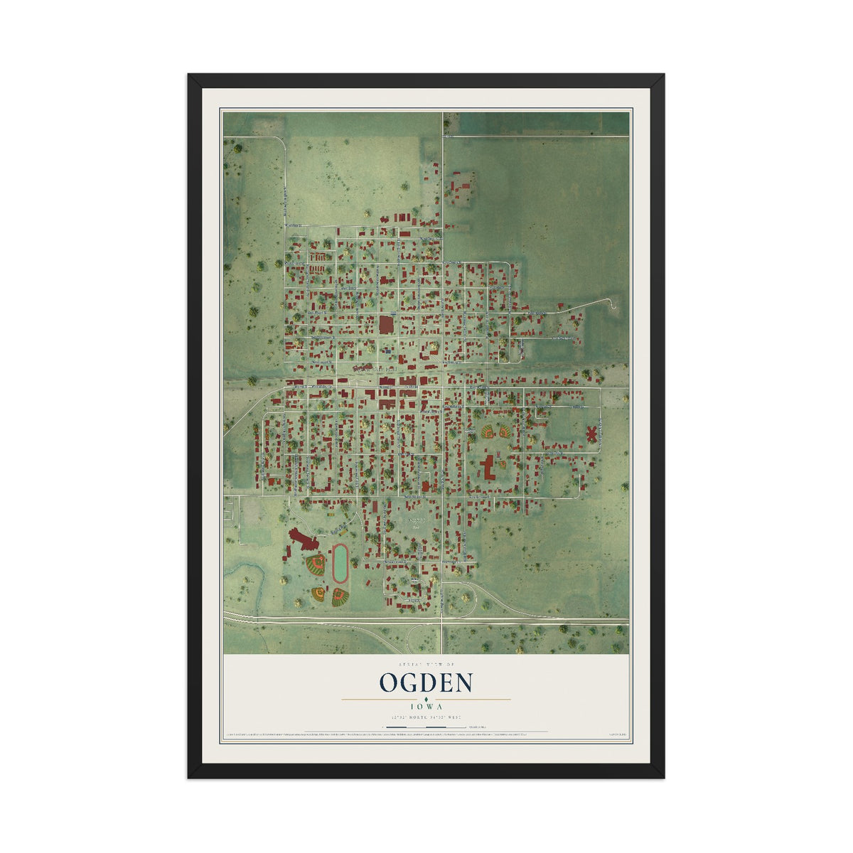 Map of Ogden, Iowa, 12 x 18 inch print in a black wood frame