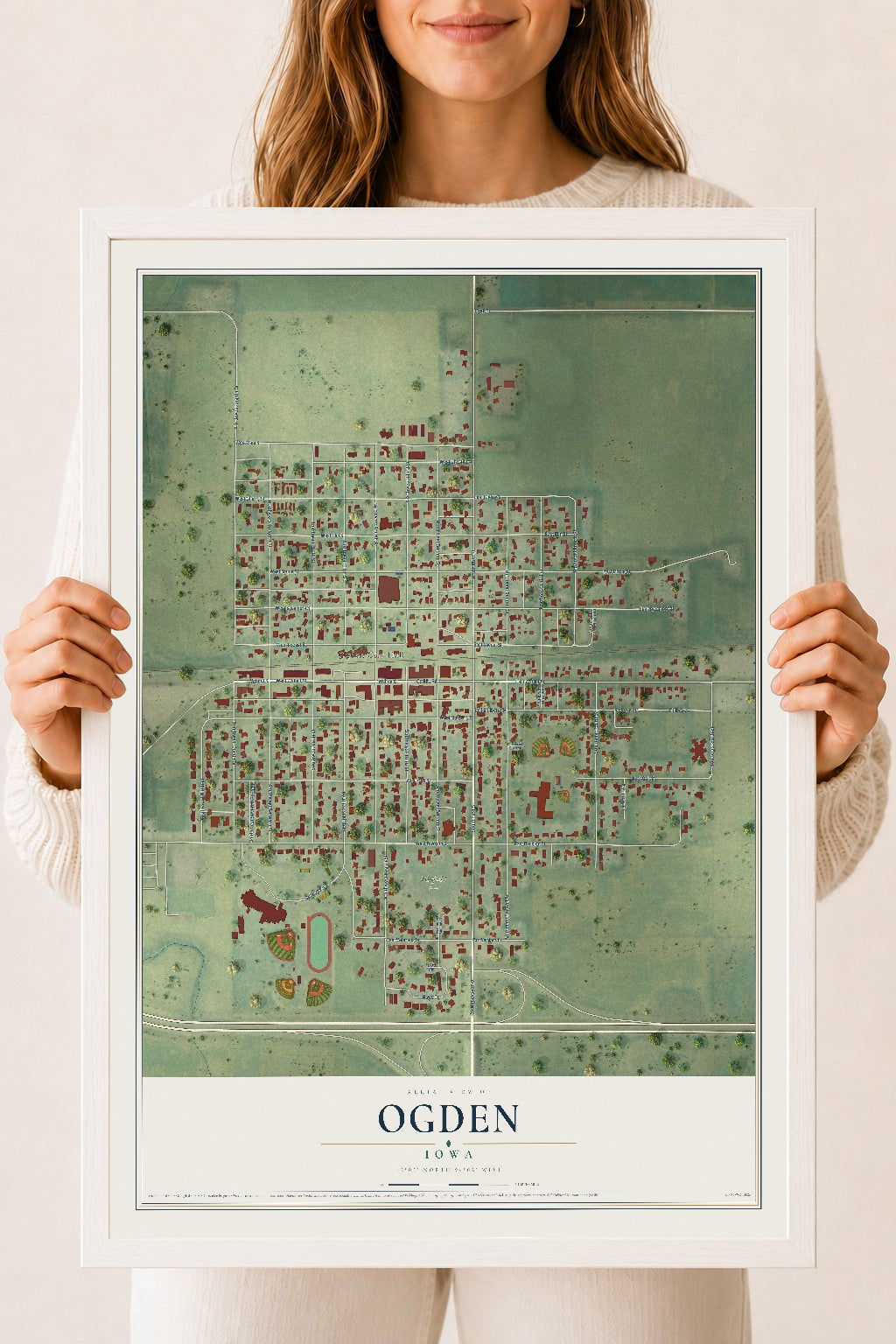 Map of Ogden, Iowa, 18 x 24 inch print in a white wood frame