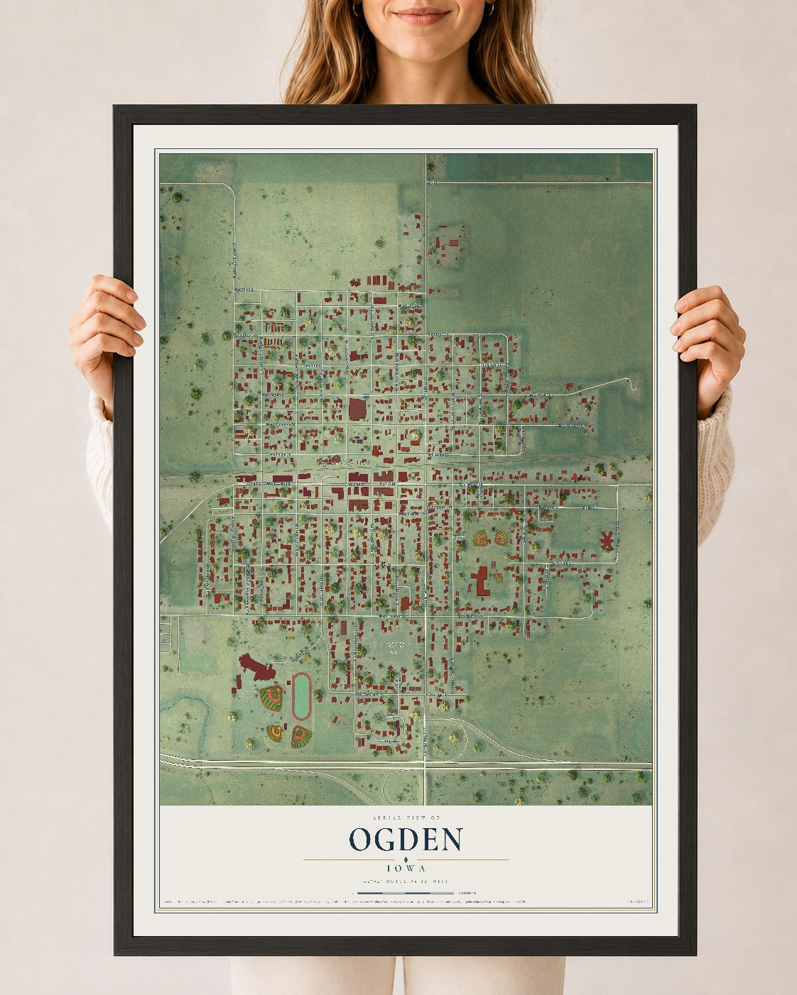 Map of Ogden, Iowa, 24 x 36 inch print in a black wood frame