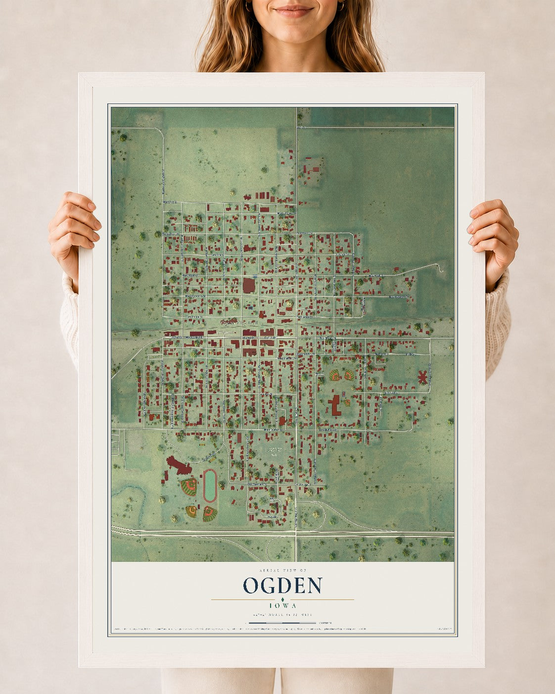 Map of Ogden, Iowa, 24 x 36 inch print in a white wood frame