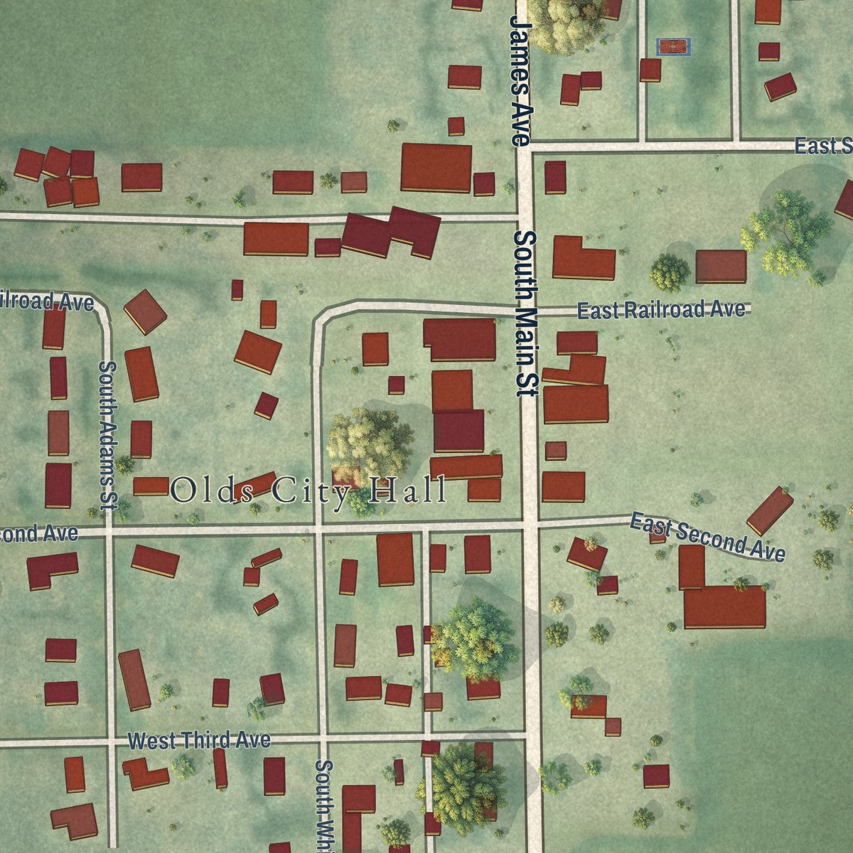 Close-up of the map of Olds, Iowa print showing street and building detail