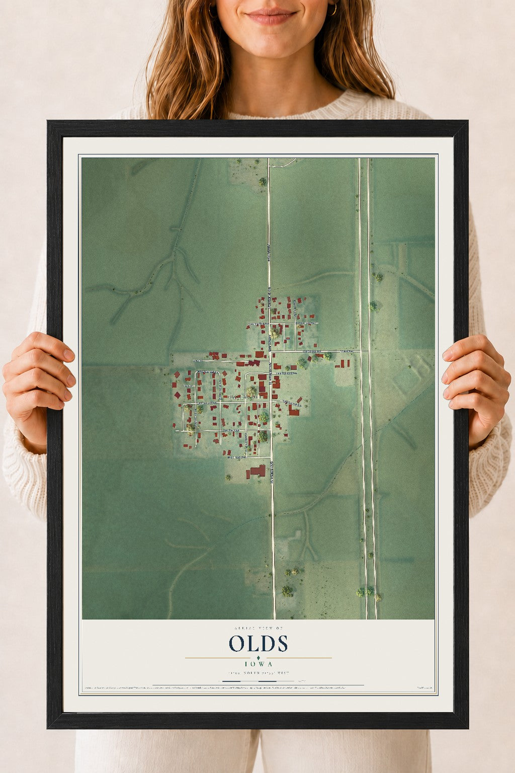Map of Olds, Iowa, 18 x 24 inch print in a black wood frame
