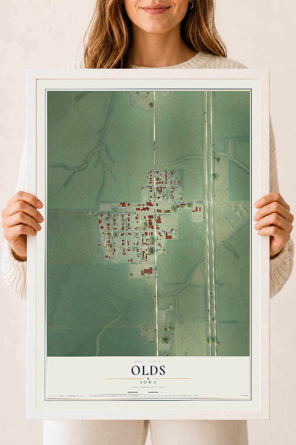 Map of Olds, Iowa, 18 x 24 inch print in a white wood frame