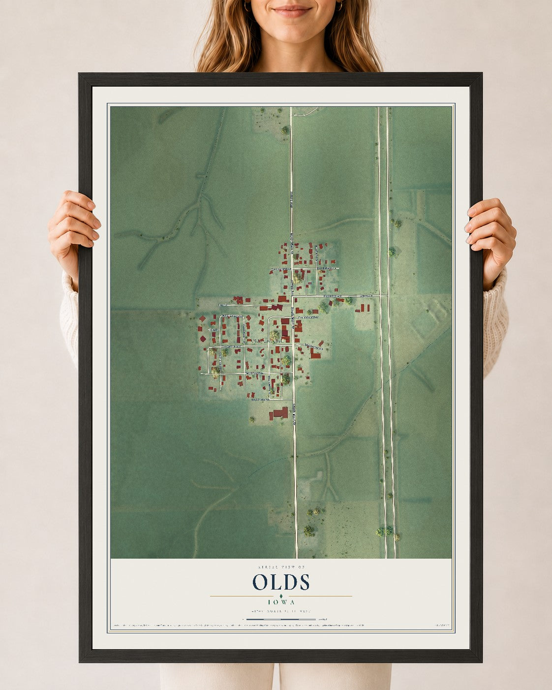 Map of Olds, Iowa, 24 x 36 inch print in a black wood frame
