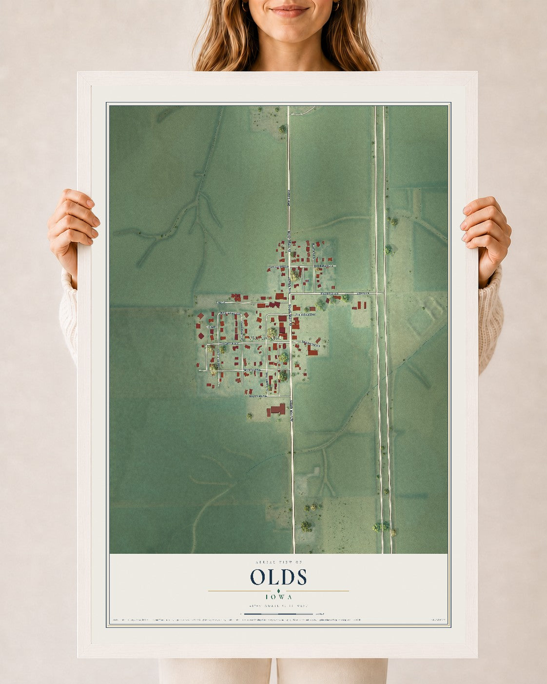 Map of Olds, Iowa, 24 x 36 inch print in a white wood frame