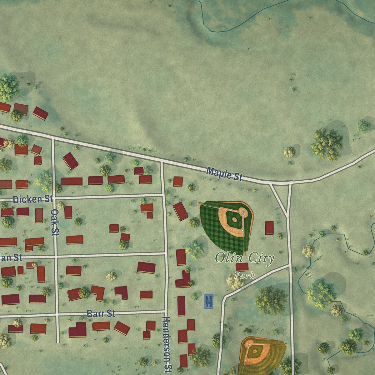 Second close-up of the map of Olin, Iowa print showing more streets and buildings
