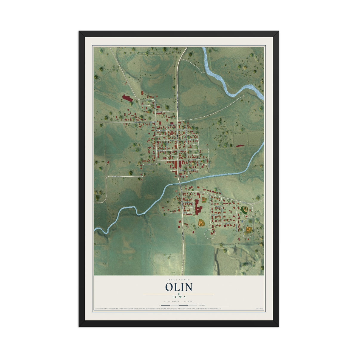 Map of Olin, Iowa, 12 x 18 inch print in a black wood frame