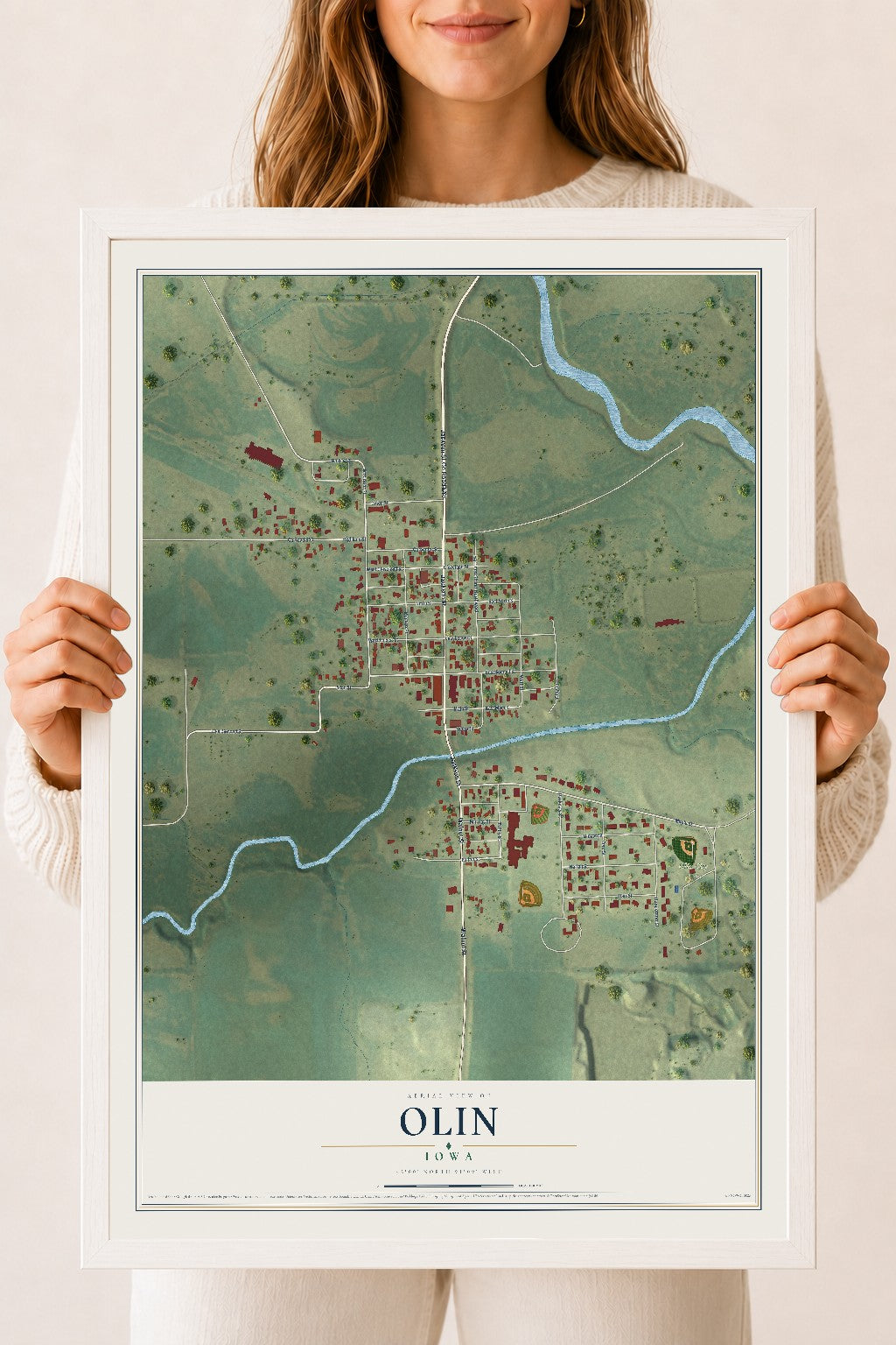 Map of Olin, Iowa, 18 x 24 inch print in a white wood frame