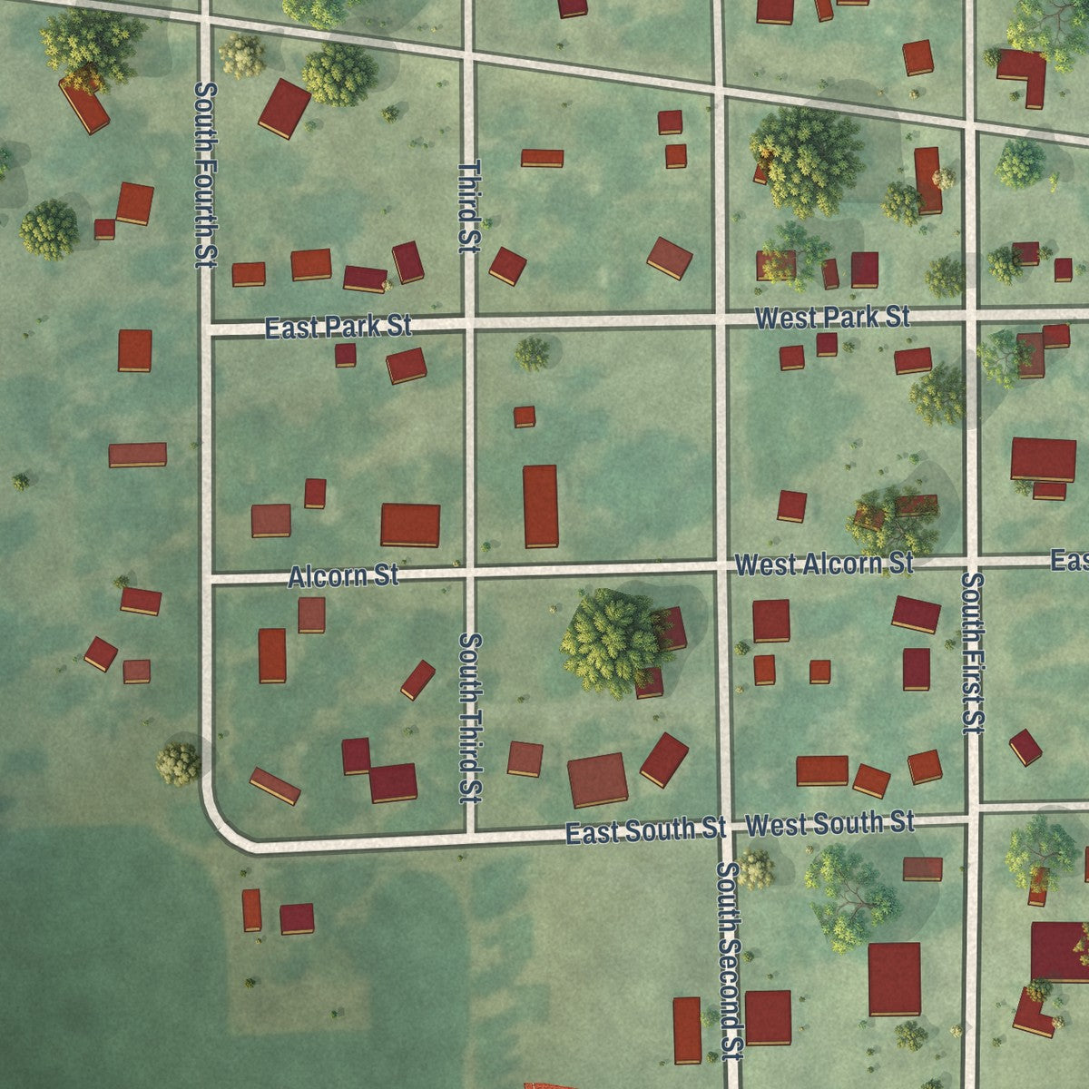 Close-up of the map of Ollie, Iowa print showing street and building detail