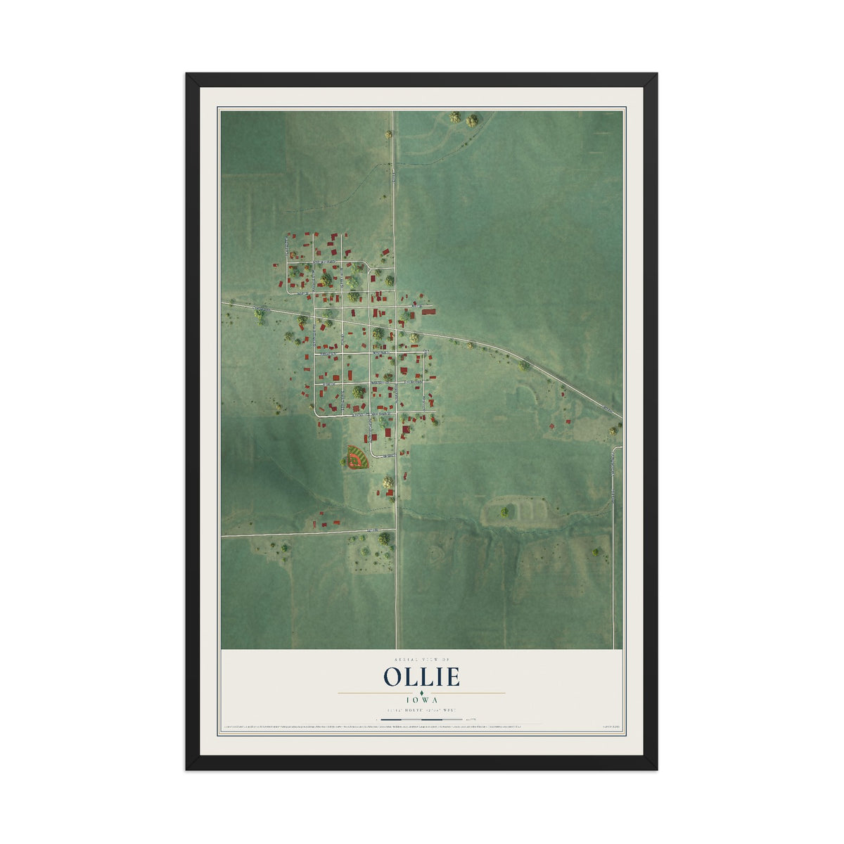 Map of Ollie, Iowa, 12 x 18 inch print in a black wood frame