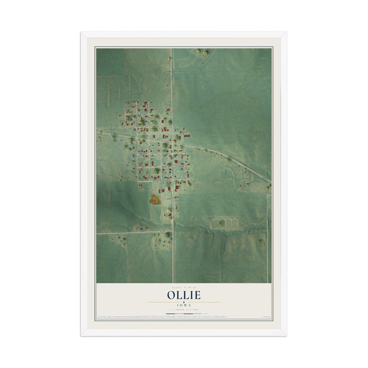 Map of Ollie, Iowa, 12 x 18 inch print in a white wood frame