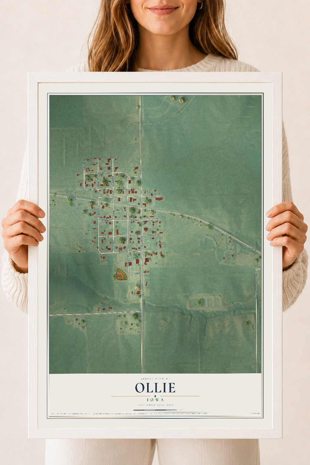 Map of Ollie, Iowa, 18 x 24 inch print in a white wood frame