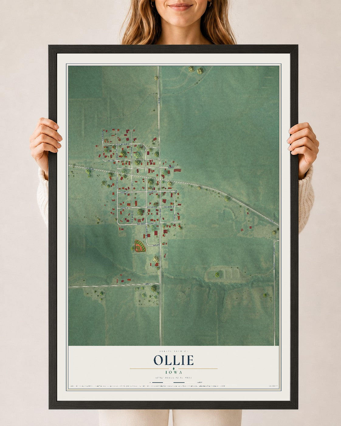 Map of Ollie, Iowa, 24 x 36 inch print in a black wood frame