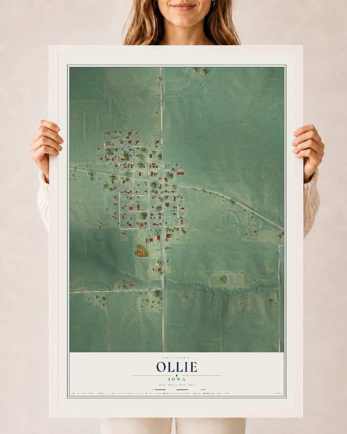 Map of Ollie, Iowa, 24 x 36 inch print in a white wood frame