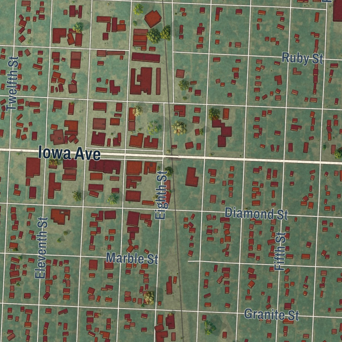 Close-up of the map of Onawa, Iowa print showing street and building detail