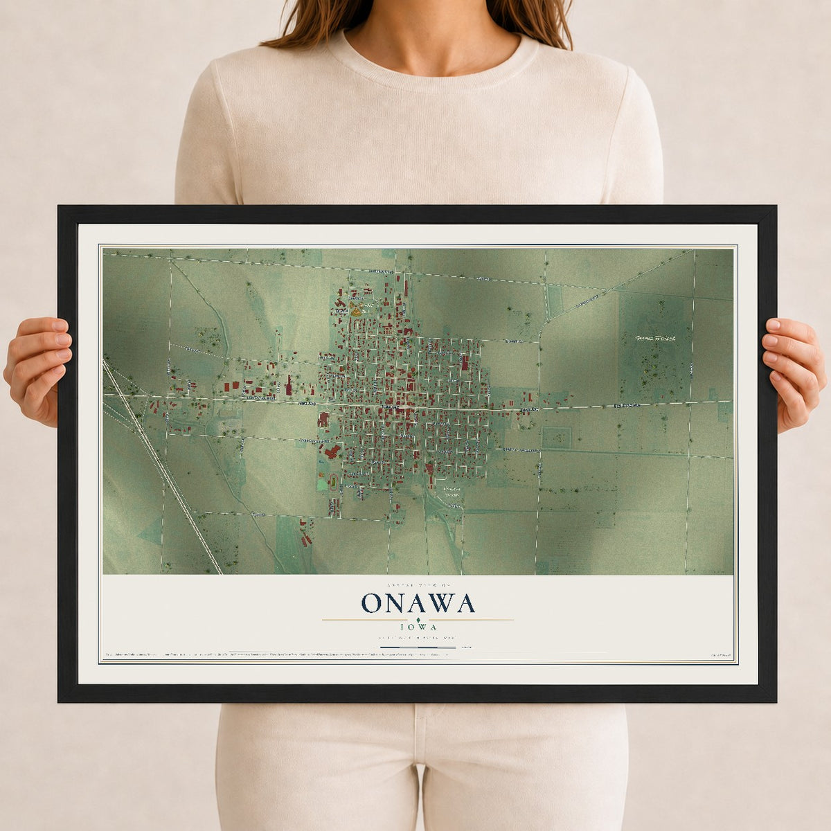 Map of Onawa, Iowa, 12 x 18 inch print in a black wood frame