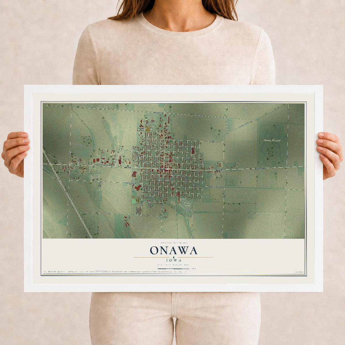 Map of Onawa, Iowa, 12 x 18 inch print in a white wood frame