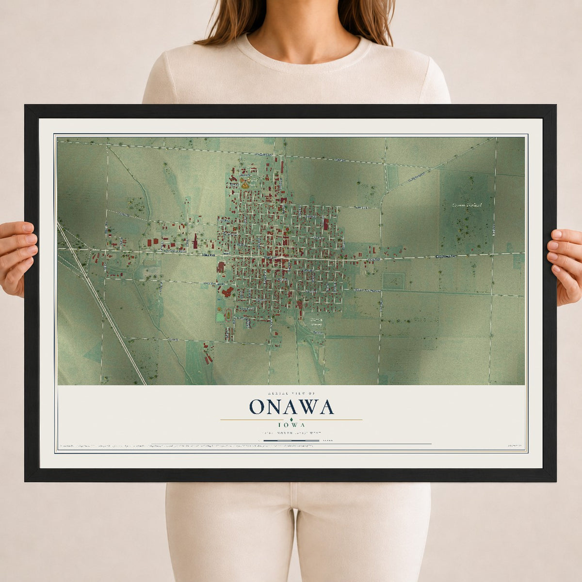 Map of Onawa, Iowa, 18 x 24 inch print in a black wood frame