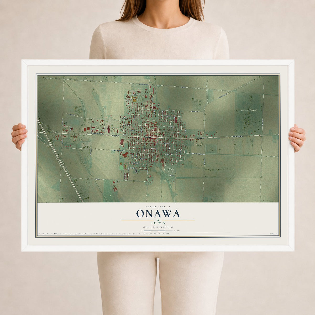 Map of Onawa, Iowa, 24 x 36 inch print in a white wood frame