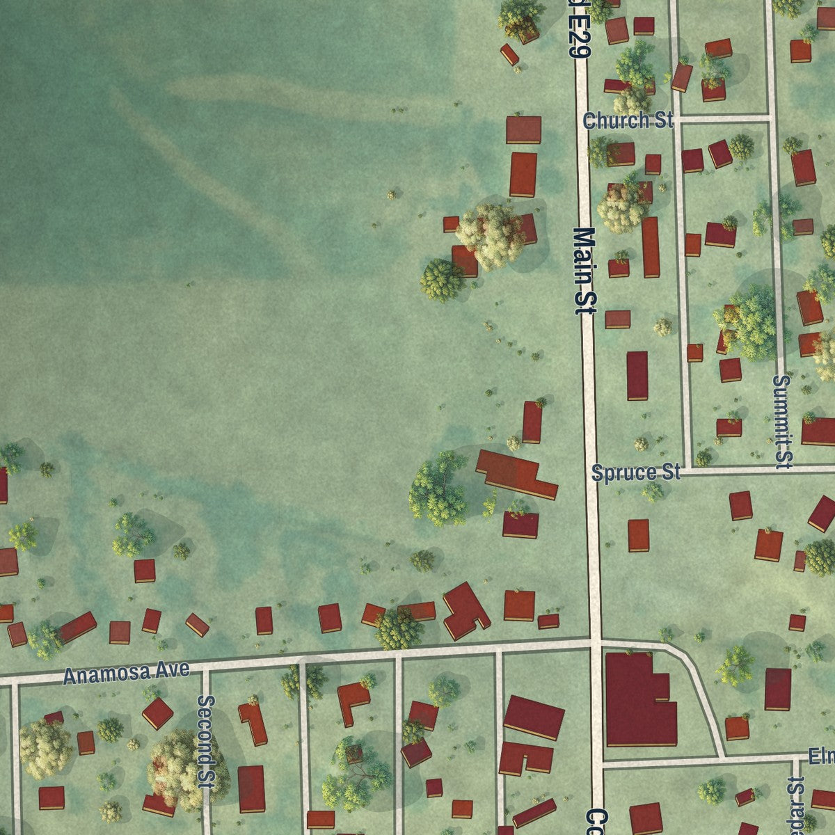 Close-up of the map of Onslow, Iowa print showing street and building detail