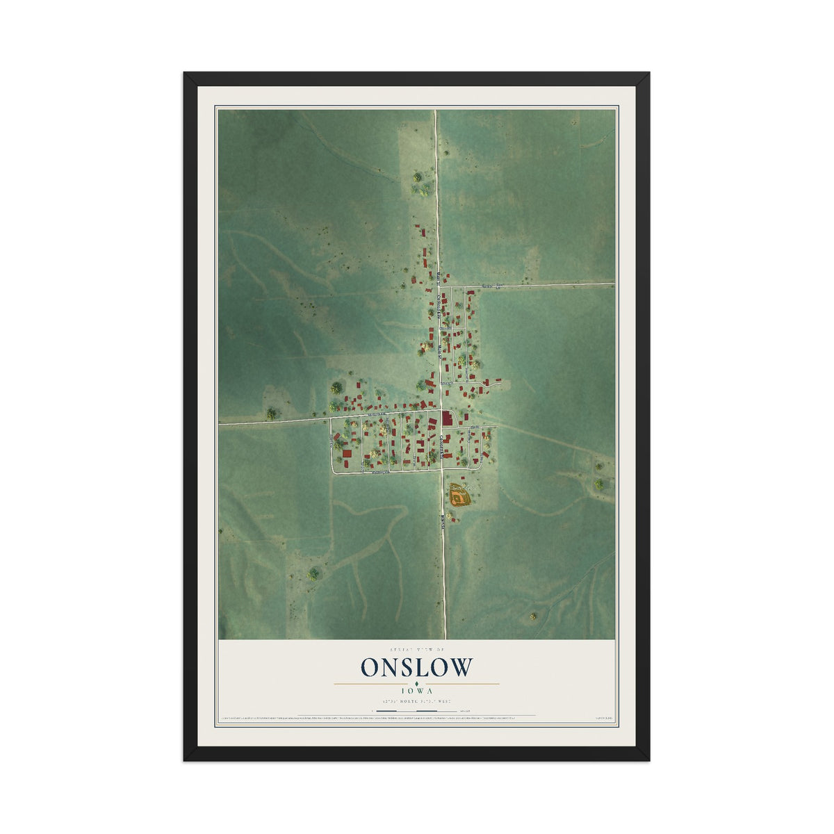 Map of Onslow, Iowa, 12 x 18 inch print in a black wood frame