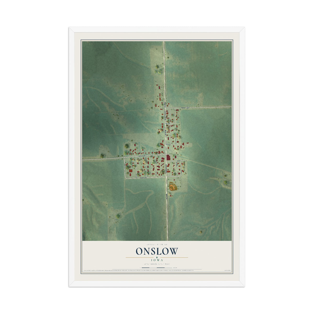 Map of Onslow, Iowa, 12 x 18 inch print in a white wood frame