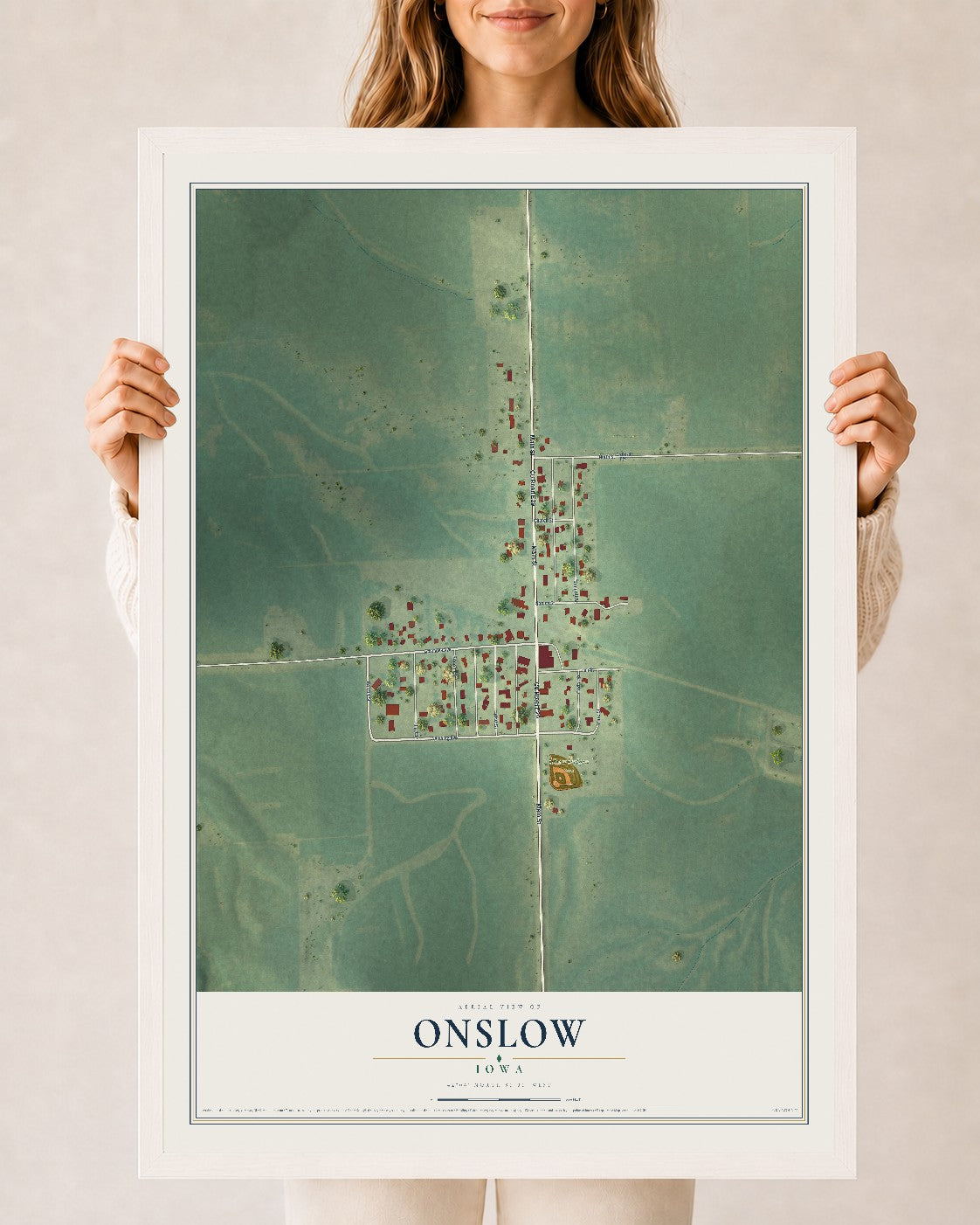 Map of Onslow, Iowa, 24 x 36 inch print in a white wood frame