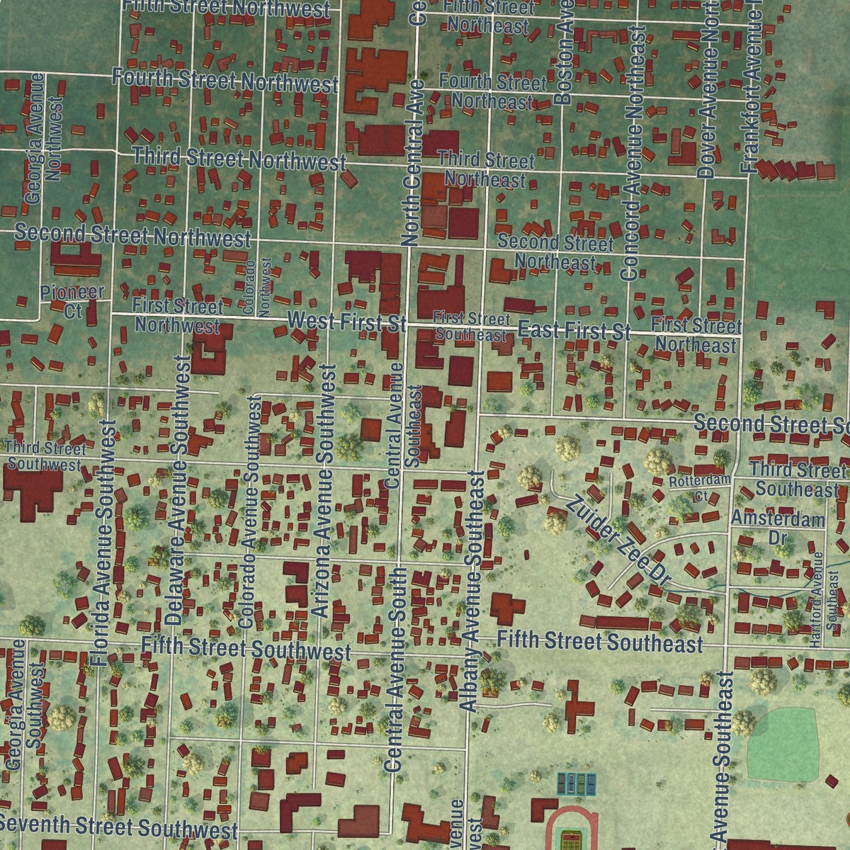 Close-up of the map of Orange City, Iowa print showing street and building detail