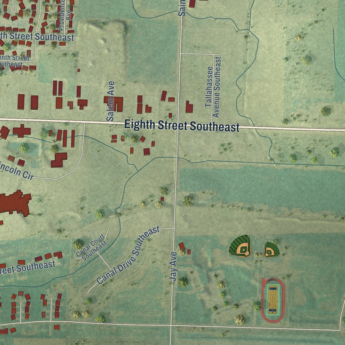 Second close-up of the map of Orange City, Iowa print showing more streets and buildings