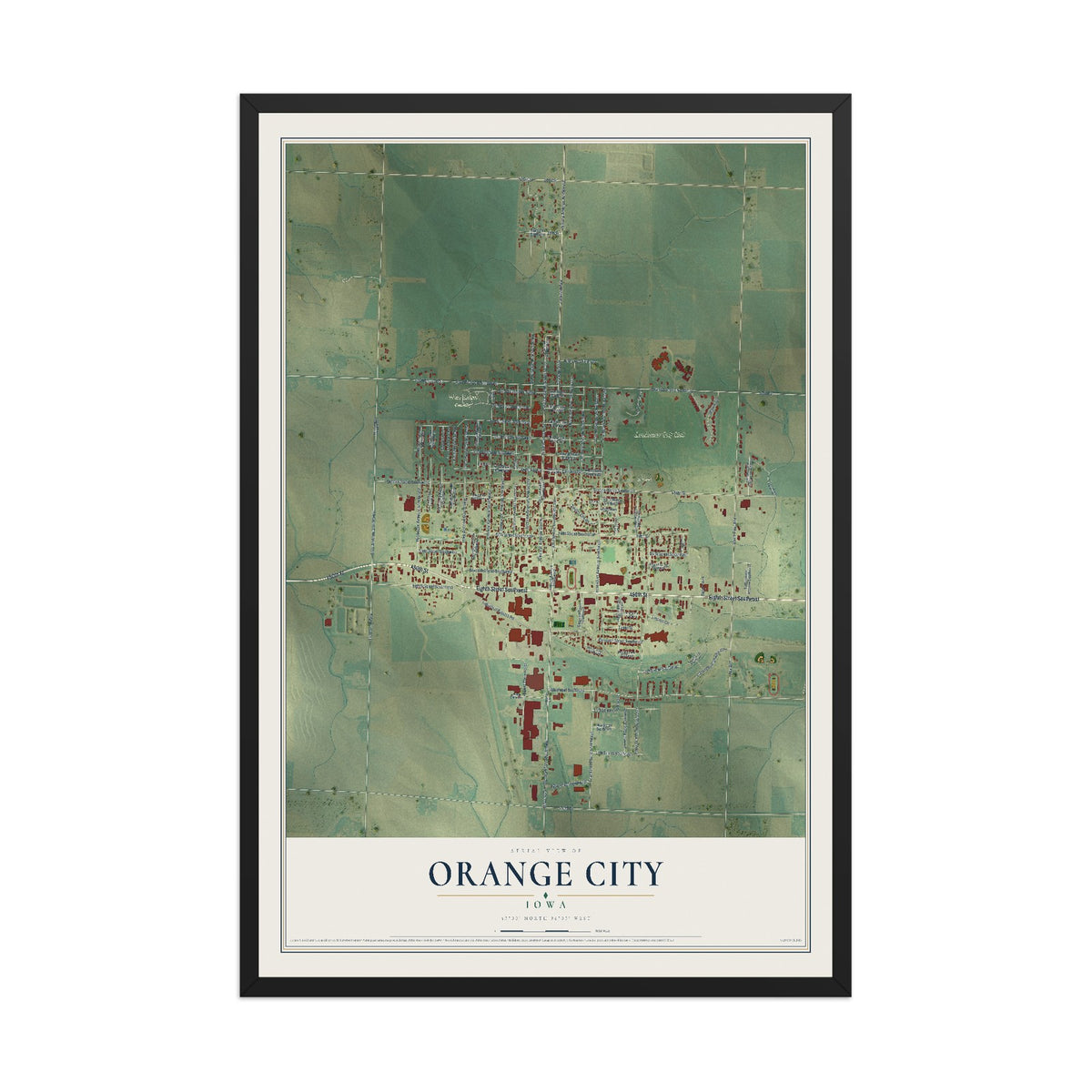 Map of Orange City, Iowa, 12 x 18 inch print in a black wood frame