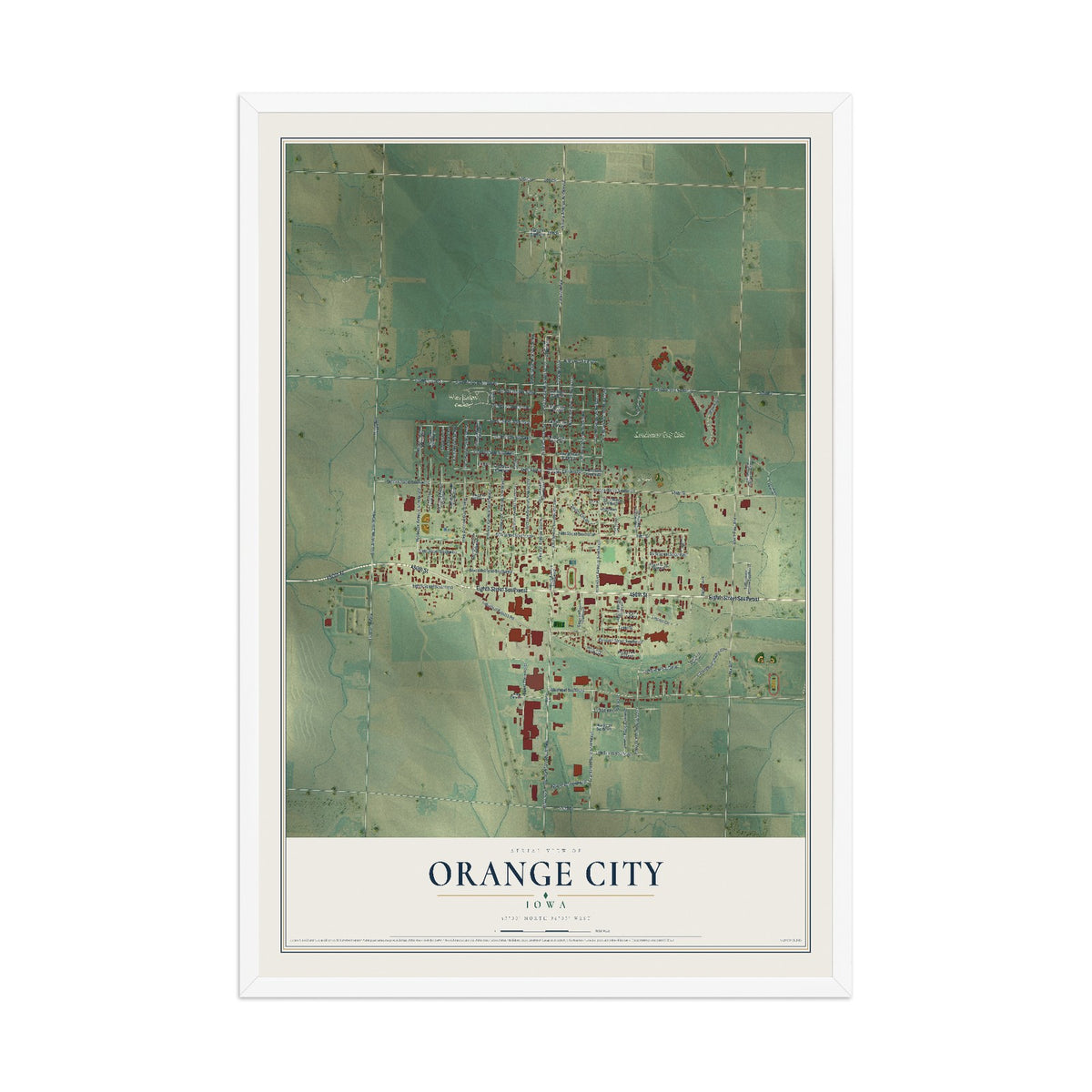 Map of Orange City, Iowa, 12 x 18 inch print in a white wood frame