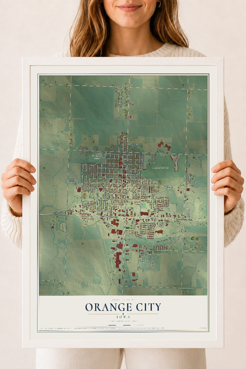 Map of Orange City, Iowa, 18 x 24 inch print in a white wood frame