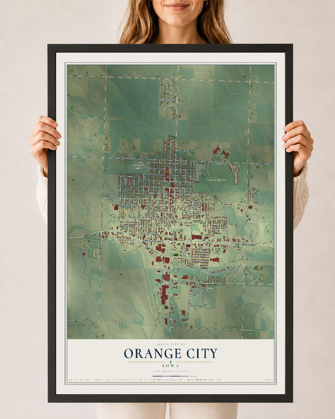 Map of Orange City, Iowa, 24 x 36 inch print in a black wood frame