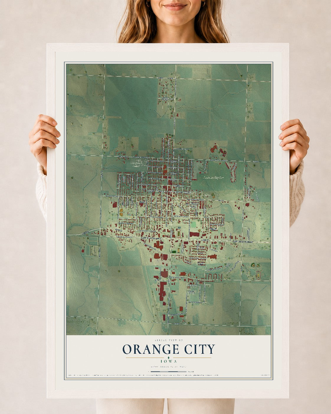 Map of Orange City, Iowa, 24 x 36 inch print in a white wood frame