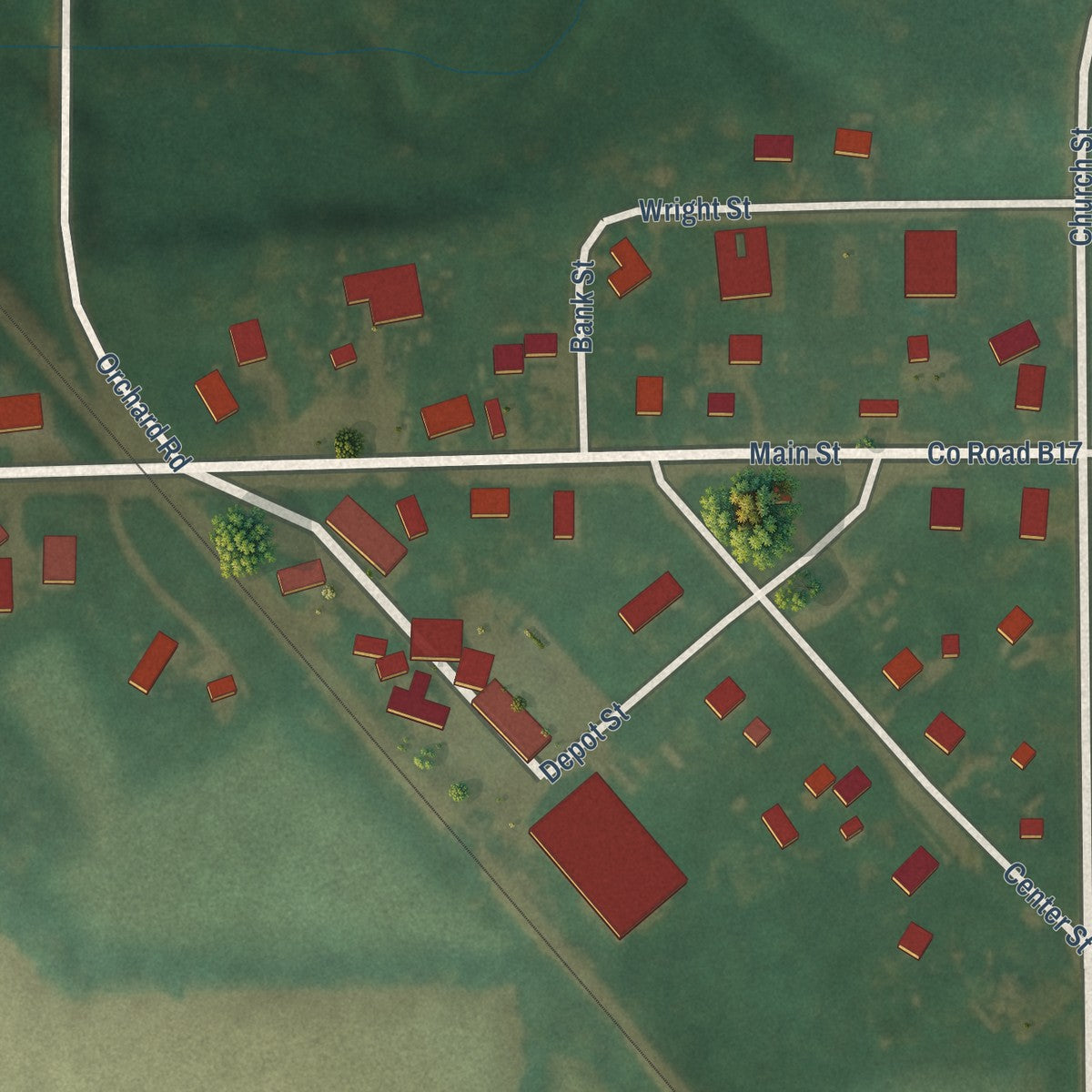 Close-up of the map of Orchard, Iowa print showing street and building detail