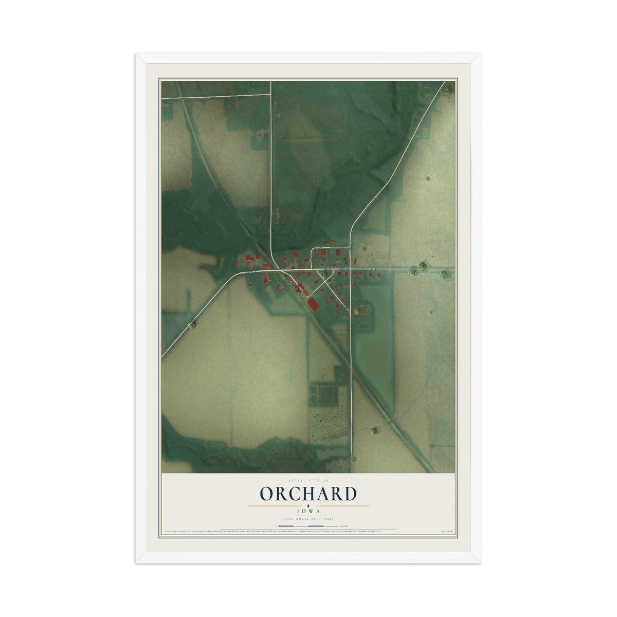 Map of Orchard, Iowa, 12 x 18 inch print in a white wood frame