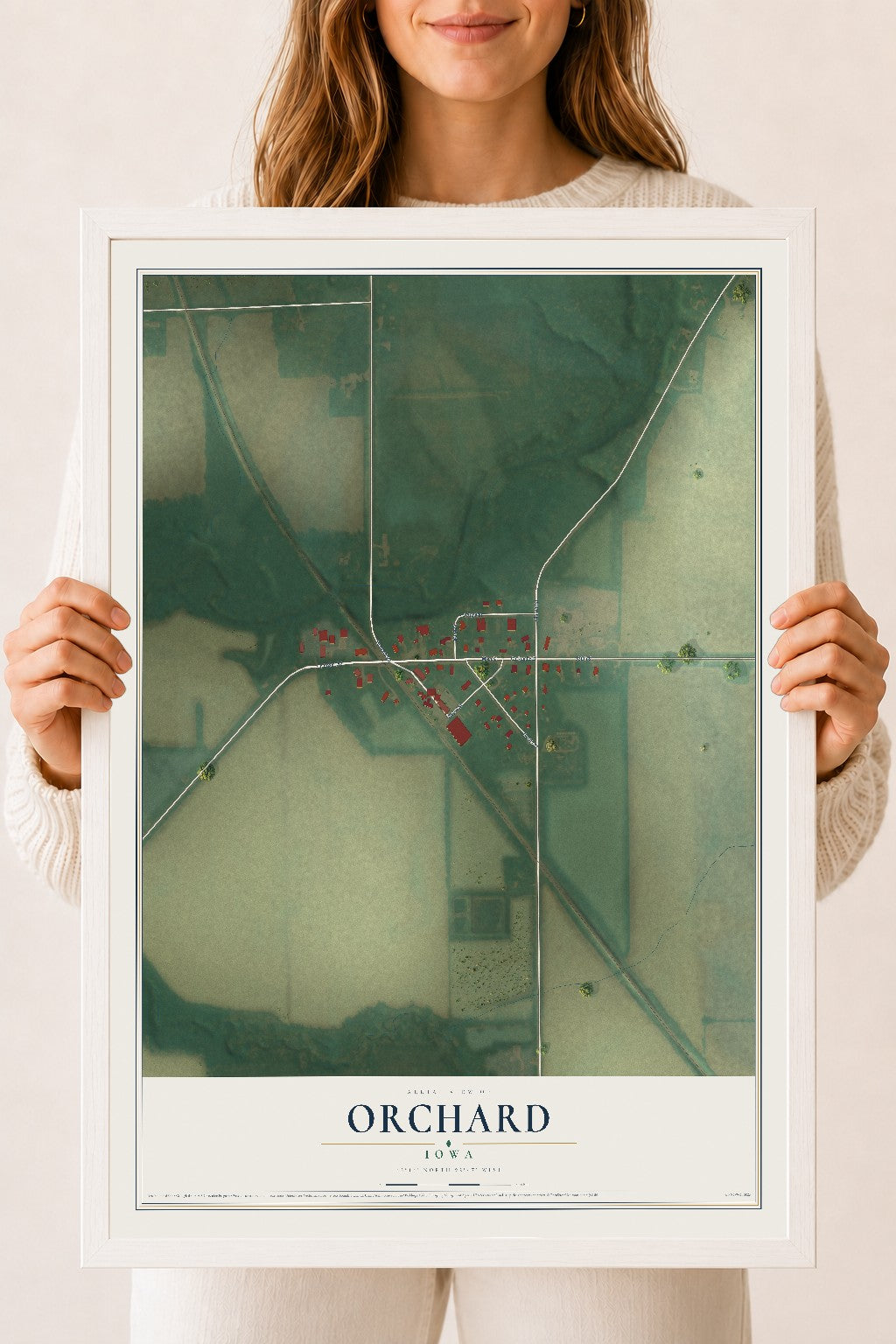 Map of Orchard, Iowa, 18 x 24 inch print in a white wood frame