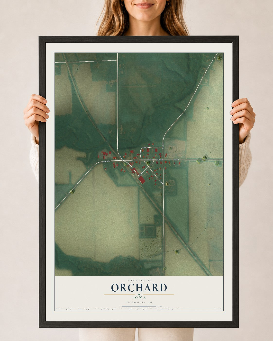 Map of Orchard, Iowa, 24 x 36 inch print in a black wood frame