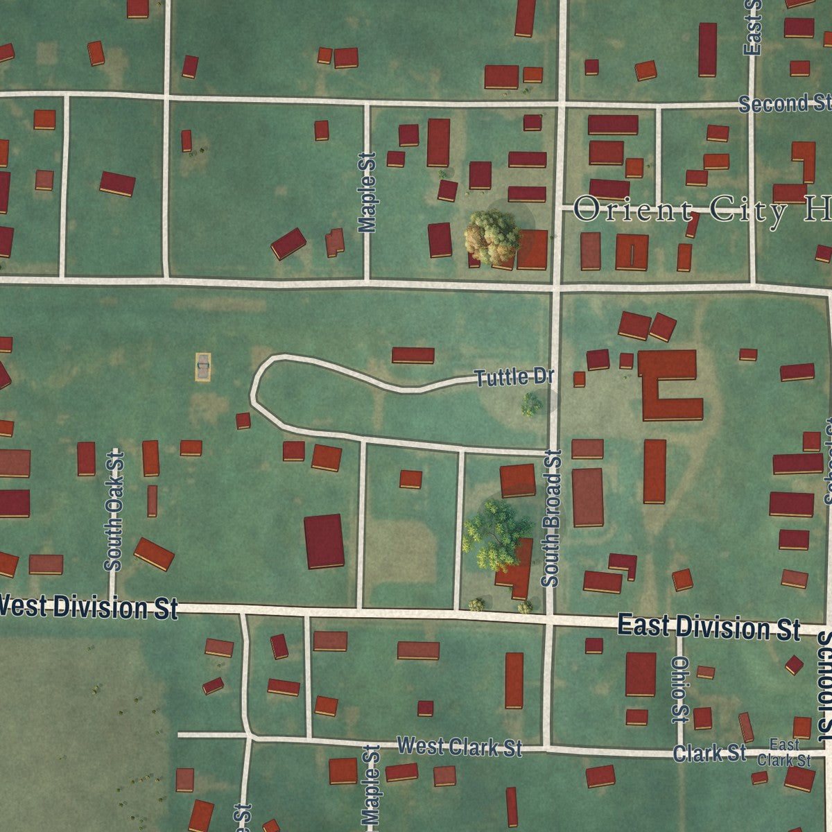 Close-up of the map of Orient, Iowa print showing street and building detail