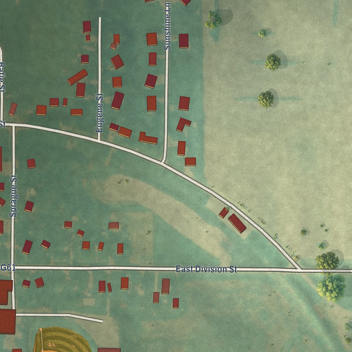 Second close-up of the map of Orient, Iowa print showing more streets and buildings