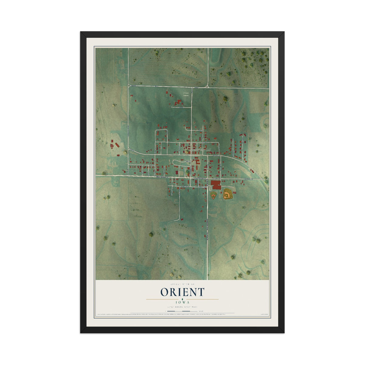Map of Orient, Iowa, 12 x 18 inch print in a black wood frame